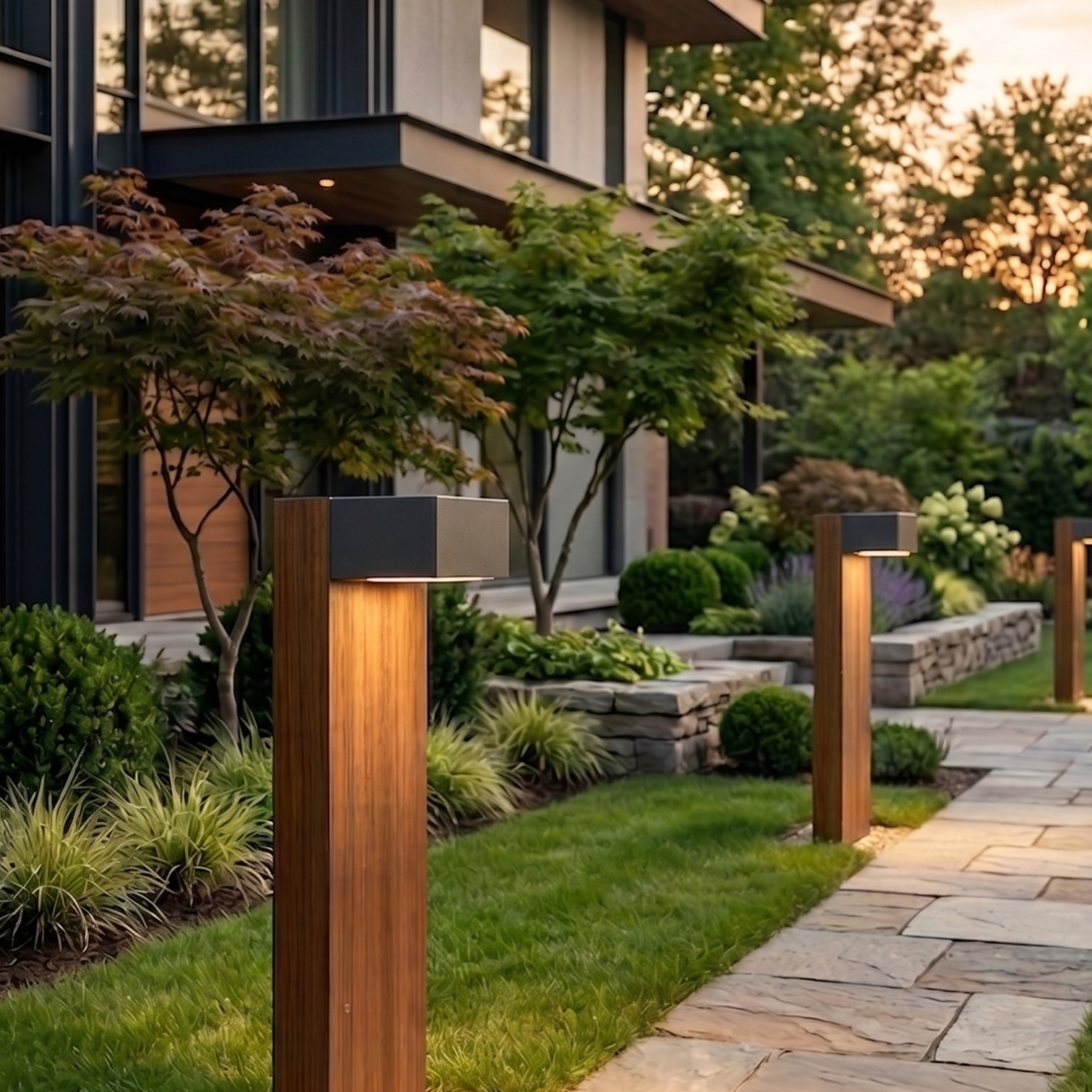 Modern urban bollard saturn wood light in garden