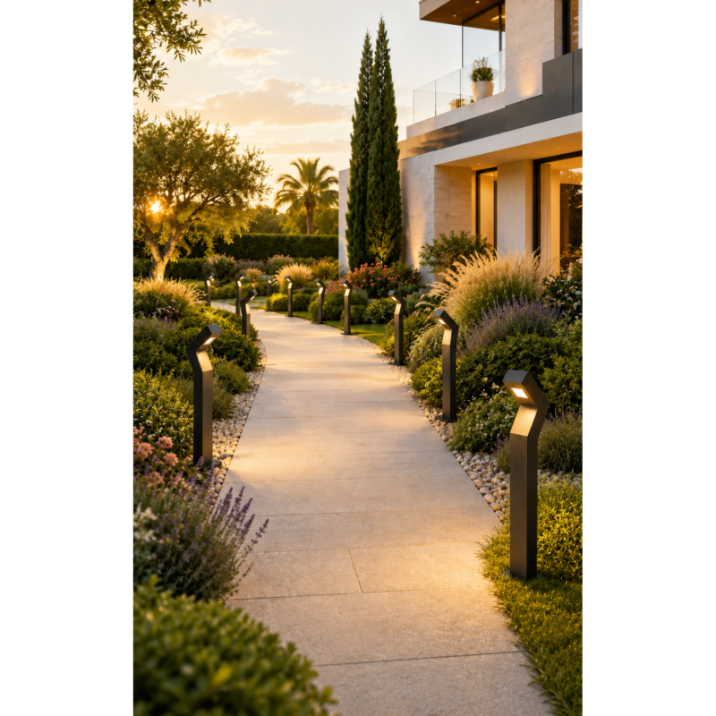 Bollard lighting along a garden pathway - Saturn Z LED bollard light ART 1903
