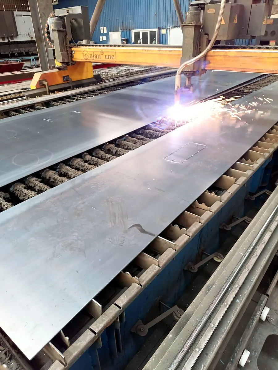 CNC plasma cutting of steel plate for a lighting pole shaft at Artay Lighting's workshop in Istanbul