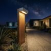 ART-1901 Bollard Saturn Wood Big Light: A modern and decorative outdoor LED lighting pole with a wood-like finish.