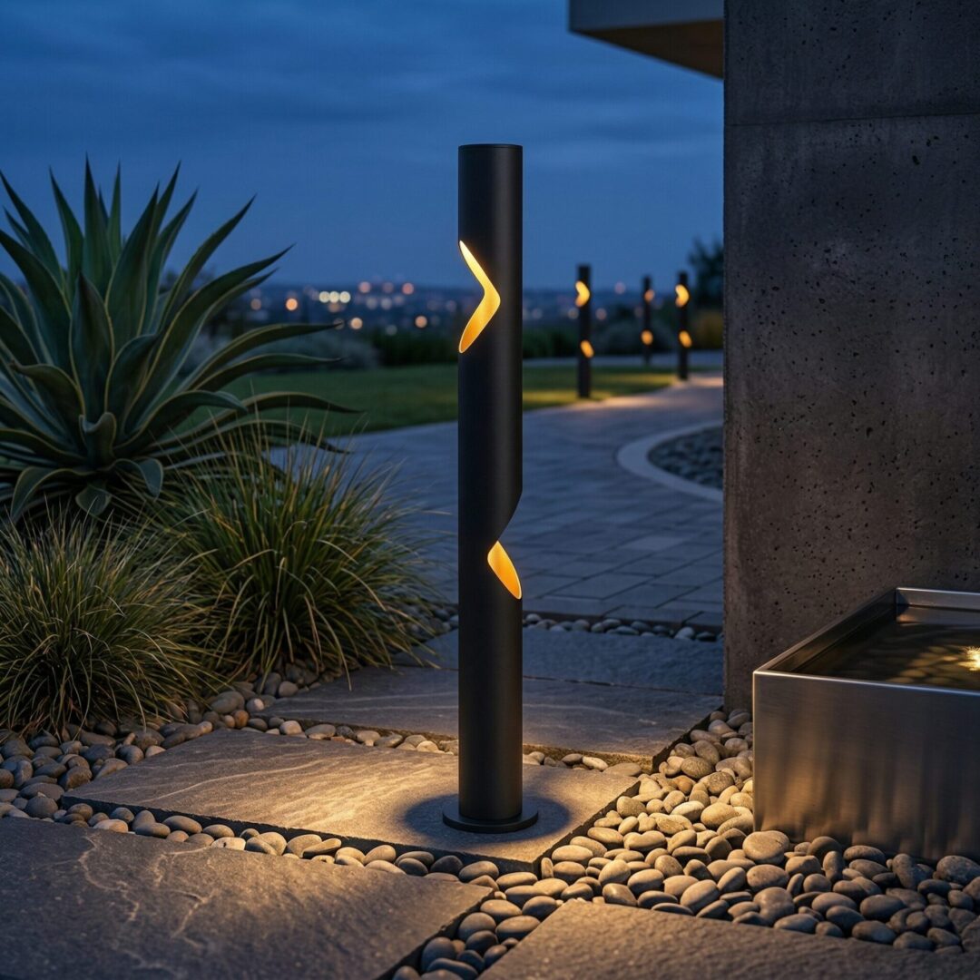 Ephesus Bollard Light - ART 1903, black cylindrical outdoor LED garden pathway luminaire with diagonal light cutouts
