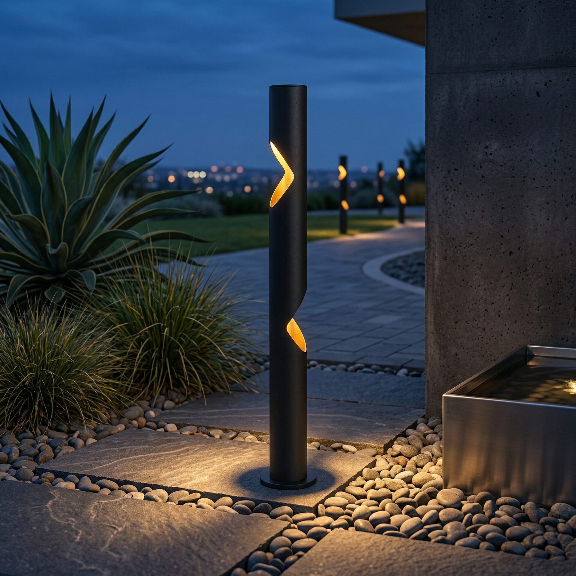 ephesus-bollard-light-black-modern-led-pathway-art-1903 Ephesus Bollard Light - ART 1903, black cylindrical outdoor LED garden pathway luminaire with diagonal light cutouts