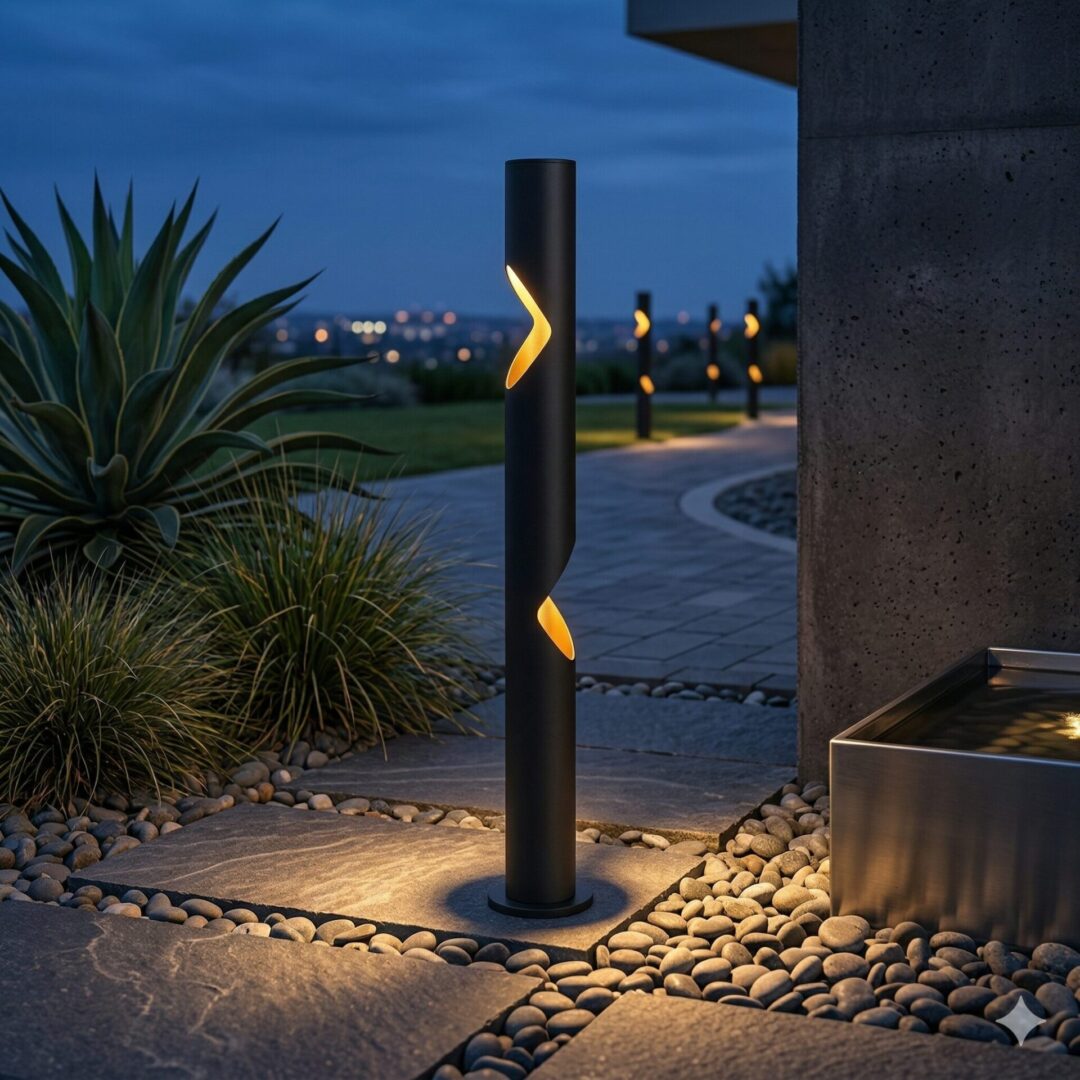 Ephesus Bollard Light - ART 1903, black cylindrical outdoor LED garden pathway luminaire with diagonal light cutouts