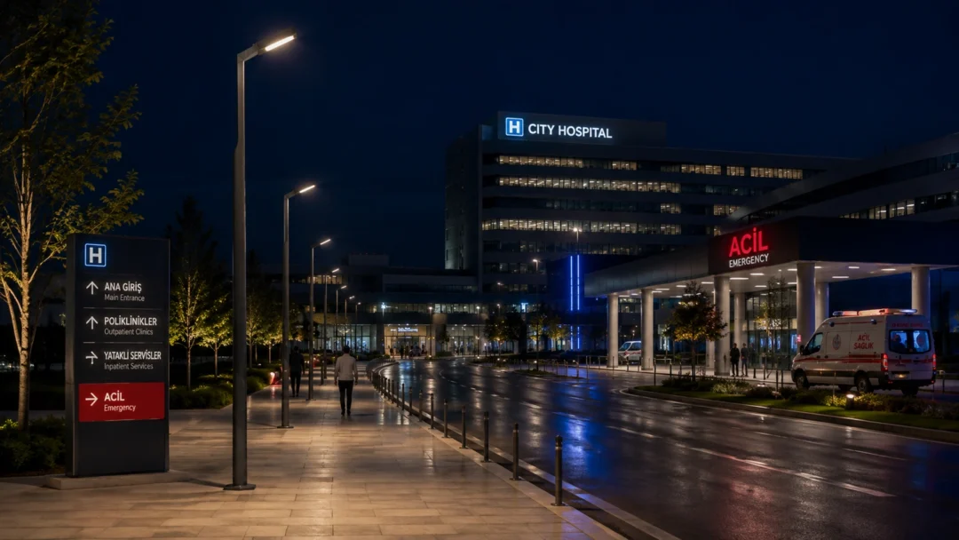 Laodikeia urban lighting pole ART-1323 in hospital campus entrance lighting application