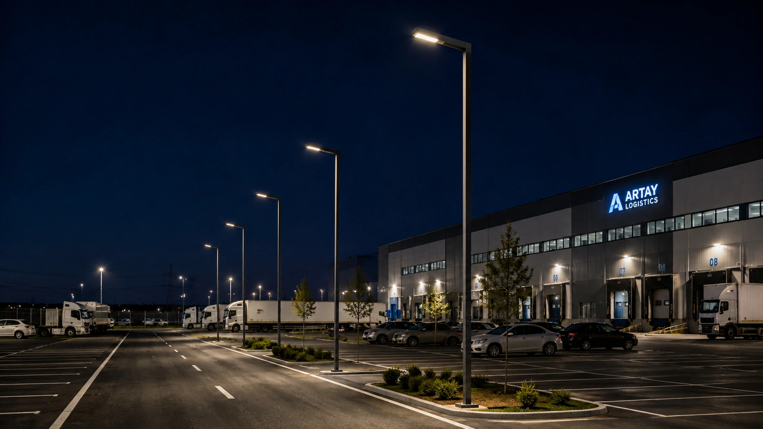 Artay Magnesia ART-1322 lighting pole at a logistics facility entrance